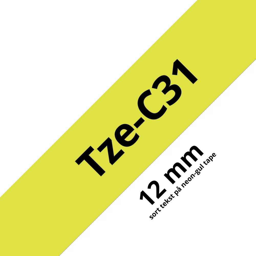 Brother TZe-C31 Tape Sort tekst på neon-gul tape – 12mm x 8m – Uoriginal