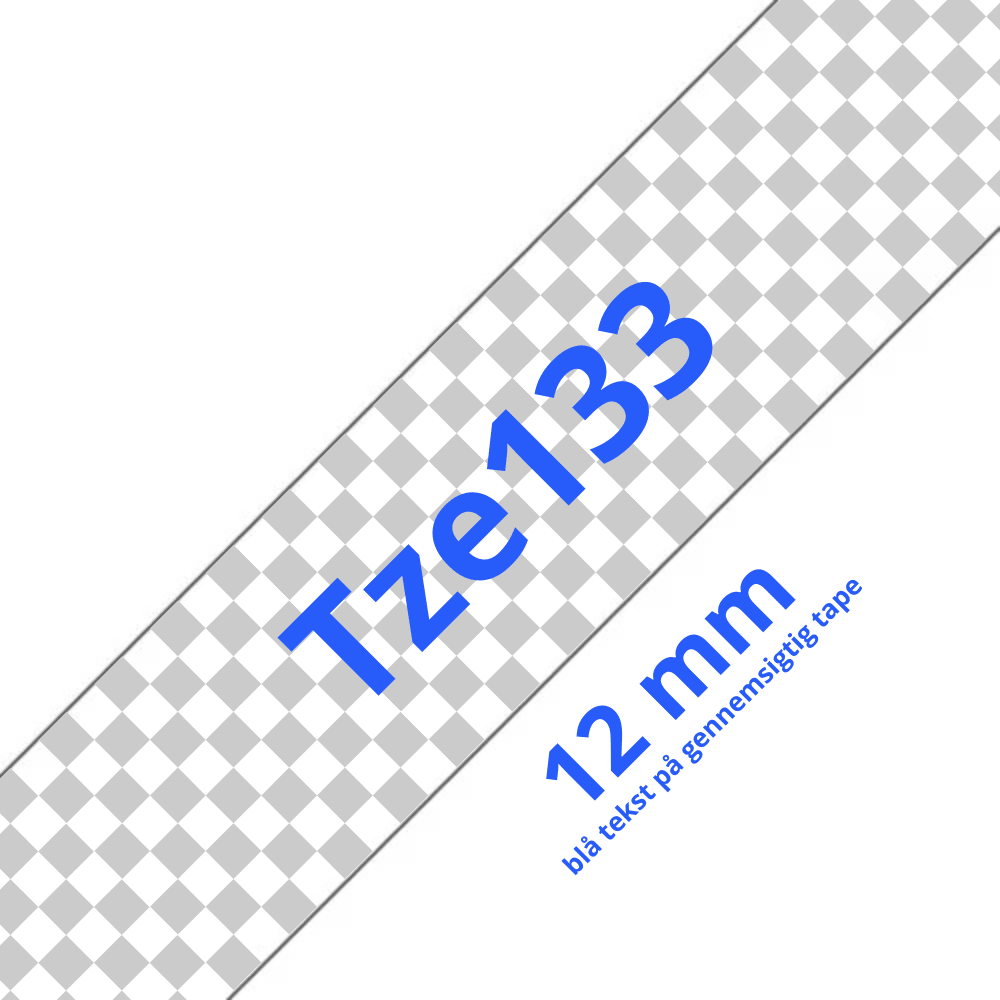 Brother TZe133 Tape blå tekst på gennemsigtig tape – 12mm x 8m – Uoriginal