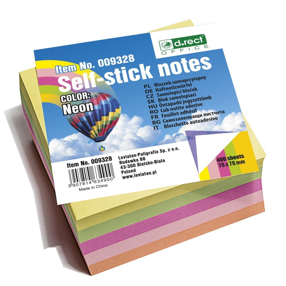 Notes blok 76x76mm - med 400 sider i 5 neonfarver